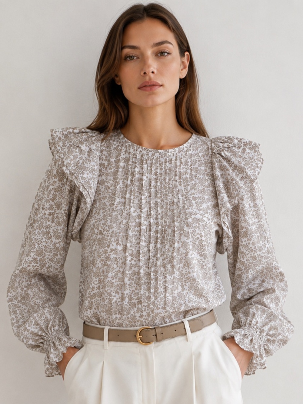 Maje Gray Floral Ruffle Shoulder blouse, size 2 (US 6-8)
